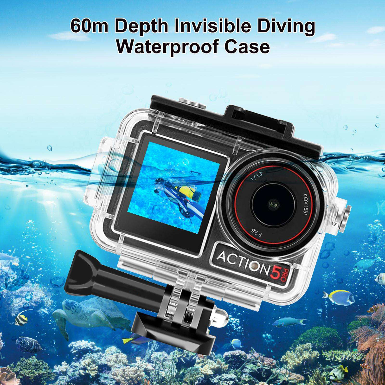 For DJI Osmo Action 5 Pro/3/4 Sport Camera HONGDAK 60m Waterproof Housing Diving Case with Cold Shoe, Buckle Basic Mount, Screw