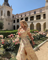 Robe Midi Imprimée Florale OEM Col Carré Personnalisé Manches Bouffantes Corset Coupe Évasée Fente Haute Romantique Soirée Jardin Femme ODM
