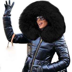 Vestes matelassées chaudes et tendance pour femmes, doudounes d'hiver pour filles avec capuche en fourrure véritable, veste matelassée noire brillante - Product Image 1