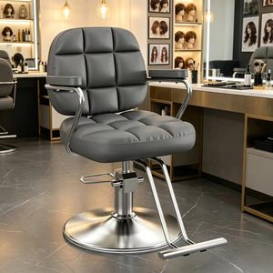 Sillón de Barbería Moderno con Asiento de Cuero Sintético, Estructura de Acero Inoxidable, Base Redonda con Altura Ajustable Hidráulica, Mueble de Salón - Product Image 2