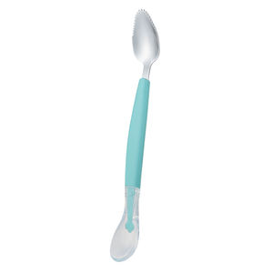 Vente en gros cuillère en silicone OEM pour bébé en acier inoxydable avec outils de <span class=keywords><strong>grattage</strong></span> de purée de fruits aux deux extrémités, cuillère à double tête - Product Image 6