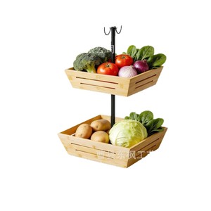 Wooden Double Layer Fruit <b>Basket</b> With Hooks <b>Bamboo</b> Storage <b>Basket</b> For Home Kitchen Use - Product Image 5