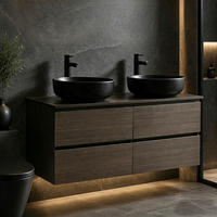 Set Meja Rias Kamar Mandi Modern Warna Walnut Gelap dengan Wastafel Ganda, Kabinet Kayu Terapung di Dinding, Wastafel Vessel, Ruang Tamu, Gudang