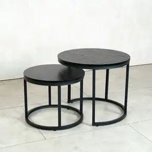 Contemporary Round Nesting Bent Black Living Room Round Nesting Set of 2 Coffee Table with Black Base