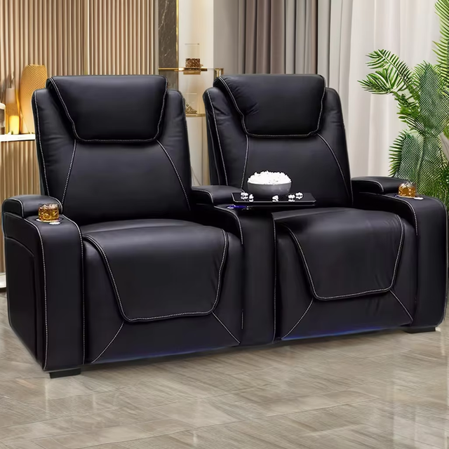 Luxury 2-Cup Holders Reclining Sofa Lying Backrest Home Theater Seating Furniture Hotels VIP Rooms Fashion Design Wood Material