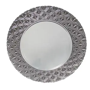 Wholesale Elegant Silver Marble Textured Glass Plate with Gold Rim Glass Charger Plate for Wedding Party Restaurant