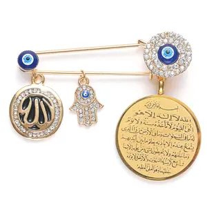 New 2023 fashion stainless steel circle scripture pendant rhinestone blue eyes pins with islamic charms