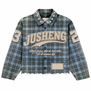 Custom Oversized Streetwear High Quality Vintage Washed Cotton Long Sleeve Men's T-<strong>Shirt</strong> Rhinestone <strong>Flannel</strong> <strong>Shirts</strong> - Product Image 1