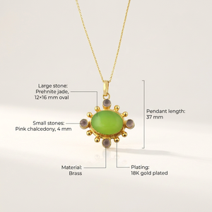 18K Gold Plated Brass Prehnite Jade Oval Pendant Pink Chalcedony Accents Bezel Setting Cross Design Punk Style Statement - Product Image 2