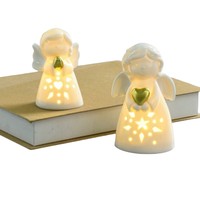 Led beleuchtete kleine Weihnachts engel mit Stern Keramik Engel Statue weißen Porzellan Engel