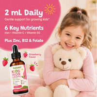 Complément alimentaire liquide oral pour enfants Iron Drops, saveur fraise, 2 ml, soutien quotidien en vitamines, végétalien, pour l'immunité et la densité osseuse