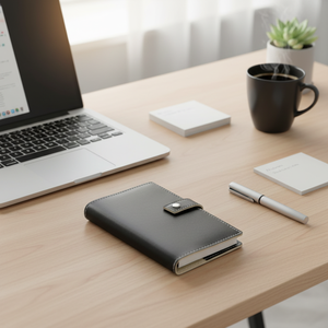 Agenda A6 con copertina in pelle nera e chiusura a cinturino per riporre carte e appunti - Product Image 3