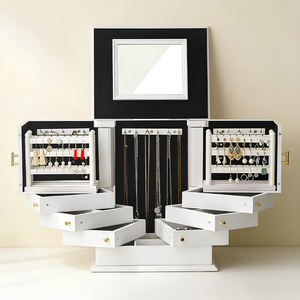 Wholesale White Wooden Multi Tier <b>Mirrored</b> Bedroom Vanity Large Jewelry Storage <b>Box</b> Organizer - Product Image 3