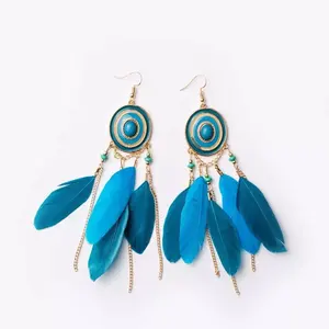 2024 Wholesale Korea Style Bohemian Boho Jewelry Gold Simple Linked Chain Retro Peacock Feather Dangling Charm Earring Women