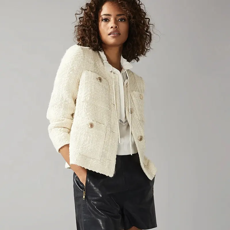 Custom New Arrival SHORT BOUCLE JACKET gold-toned buttons boucle short women two color jacket