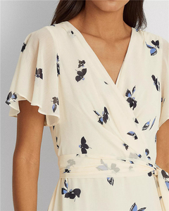 2022 été mode femmes élégant manches courtes flutter surplis col en V Floral Wrap longue Maxi robe avec ourlet asymétrique - Product Image 3