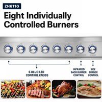 Tête de barbecue à gaz encastrable haut de gamme 6 brûleurs en acier inoxydable avec thermomètre infrarouge arrière pour barbecue à propane en îlot