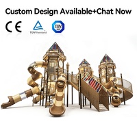 Parque Infantil Comercial al Aire Libre Estilo Castillo Antiguo Steampunk con Torres de Vidrio Tintado, Múltiples Toboganes e Iluminación Nocturna LLDPE