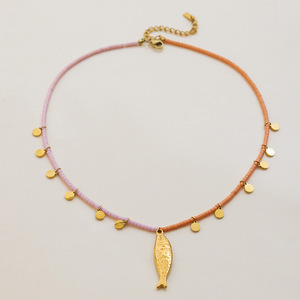 Stainless Steel Seed Bead Fish Pendant Necklace Orange Pink Beaded Chain Animal Shape Vacation Style Jewelry - Product Image 2