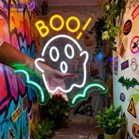 Enseigne néon LED fantôme Halloween Kawaii qui crie « BOO », alimentée par USB, kit de suspension complet, décoration murale fantôme, vente en gros personnalisée
