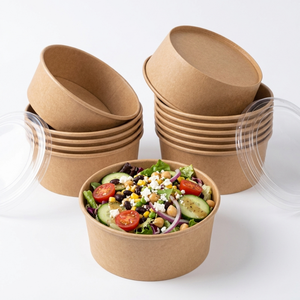 Bol en papier rond jetable personnalisé de qualité alimentaire pour restaurant, à emporter, en papier kraft blanc ou brun avec couvercle pour collations, nouilles, pâtes - Product Image 4