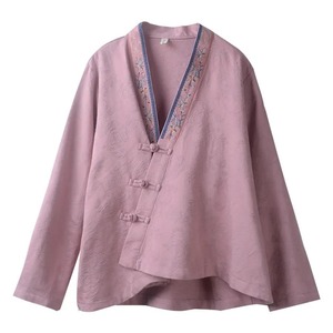 Chinese Style V Neck Embroidered Button Long Sleeve Cardigan Loose Hanfu Top For Women Spring Autumn Casual Wear Pink - Product Image 5