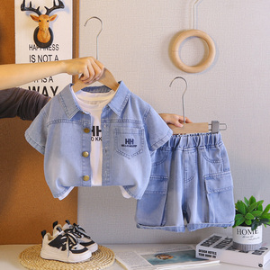 Nouveauté été, vêtements pour enfants décontractés, ensembles de vêtements pour garçons en coton à motifs de dessins animés, t-shirt sans manches + chemise en jean + short en jean, 3 pièces - Product Image 2
