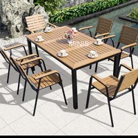 Ensemble de table à manger rectangulaire moderne et portable pour jardin, en dalles de pierre noire robustes, avec chaises confortables et durables à sangles marron