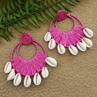 Tissé à la main concepteur cerceau coquille raphia macramé boucles d'oreilles pour femmes bohême coquille ronde grandes boucles d'oreilles géométrique exagéré bijoux