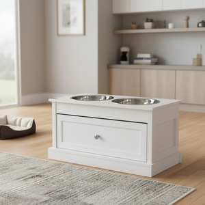 Comedero Elevado para Perros de Madera Blanca con Cajón de Almacenamiento, 2 Tazones de Acero Inoxidable, para Uso en Interiores - Product Image 2