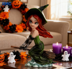 Escultura de Hada Bruja Montada en Escoba de Resina Poliéster Personalizada SMC, Hecha a Mano, Linda Decoración para el Hogar, Estatua Artesanal, Idea de Regalo de Halloween - Product Image 1