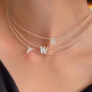 New Trendy 18K Stainless Steel Necklace First Letter Word Initial 26 Letter Pendant Necklace Real Gold Beaded Shell Necklace