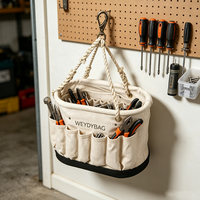 Sac de transport pour outils en toile de coton multi-poches avec logo personnalisé, robuste, à ouverture supérieure, base rigide et mousqueton