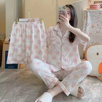 Set piyama katun wanita, pakaian kasual rumah wanita kardigan kartun sutra susu, tiga potong musim panas kualitas tinggi