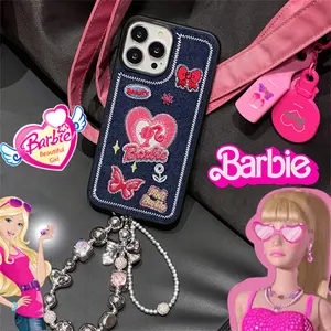 High-end Denim nakış Barbie moda telefon kılıfı iPhone15promax 13pro 14 için taşınabilir Tote kayış 12 kadın 11 Apple 15 için