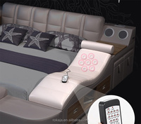 Meuble de chambre à coucher, lit multifonction avec rangement de Massage, lumière LED, cadre en bois massif, Queen, lit en tissu cuir moderne