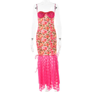 Robe de soirée transparente à manches trois quarts, style européen, pour femme, dos nu, imprimé floral, taille empire, jupe courte - Product Image 5