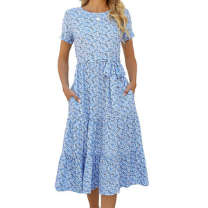 Custom Women'S <strong>Petite</strong> Summer Casual Tiered Midi <strong>Dress</strong> Woman Short Sleeve Belted Ruffle Babydoll <strong>Boho</strong> Sundress With Pockets - Product Image 1