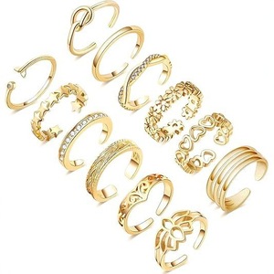 Vintage Adjustable copper plated hollow gold silver plated multi style hollow <b>cz</b> open adjustable toe <b>ring</b> set - Product Image 3