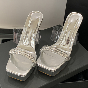 OEM/ODM Customized Women's <b>Square</b> Toe Transparent High-Heeled Sandals Breathable Platform Shoes Rhinestones Fashion Trend - Product Image 4