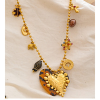 JINYOU 1928 Nouvelle Tendance Collier Chaîne Longue en Acier Inoxydable avec Pendentifs Cœur, Croix, Poisson en Nacre et Zirconium Cubique
