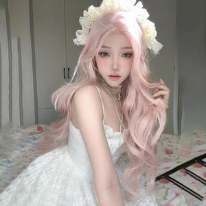 Perruque longue bouclée rose avec frange latérale, ligne de cheveux naturelle, fibre Kanekalon, couvre-tête complet pour femmes - Product Image 4