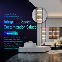 Integrierter Wohn- und Essbereich |   Weiße Holz-LED-Regale |   Gerilltes Glas-Display |   Dunkel geädertes Holzparkett |   Modulares Sofa |
