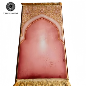 Cornice ad arco dorato con illusione moschea blu, ispirata ai sogni di pellegrinaggio, tappeto da preghiera islamico in morbido velluto - Product Image 2