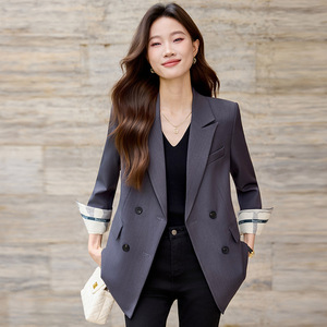 Women's Grey Blazer With Turn Up Sleeve Solid Color Polyester Anti-Wrinkle Professional Casual Commuting Top - Product Image 4