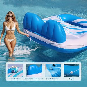 Flotador inflable doble para piscina de 168x165cm, color azul cielo, para adultos, con portavasos. - Product Image 4