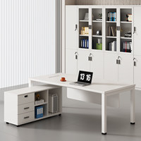 Bureau de direction moderne en forme de L blanc avec armoire latérale, finition blanc mat, poste de travail exécutif minimaliste pour bureau de PDG