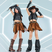 Costumes de danse jazz pour filles, style cowgirl western, haut court gris anthracite vieilli, jupe irrégulière marron, pour spectacle scénique enfant