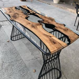 Customizable Solid Wood Dining <b>Table</b> Modern Home Office Epoxy Resin Top Handcrafted Assembled Metal Frame Aluminum Rotatable - Product Image 1