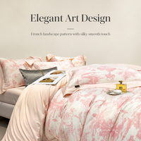 Parure de lit de luxe en soie glacée rafraîchissante 4 pièces, imprimée numériquement motif peinture à l'encre chinoise élégante, douce et lisse, 100% polyester